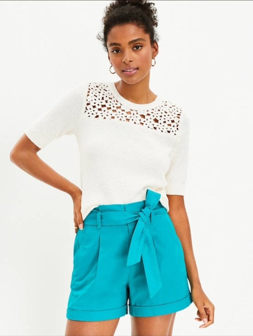 LOFT 2 High-Waist Tie-Belt Paperbag Shorts in Teal and Beige